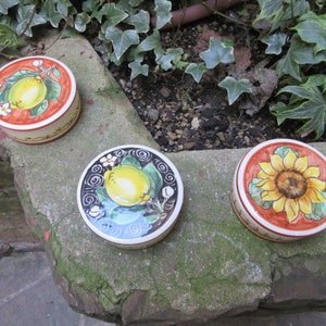 Può includere: Tre sottobicchieri rotondi in ceramica con disegni dipinti. Un sottobicchiere presenta un limone con foglie verdi e fiori bianchi su sfondo rosso. Un altro sottobicchiere ha un limone con foglie verdi su sfondo nero. Il terzo sottobicchiere ha un girasole giallo su sfondo rosso.