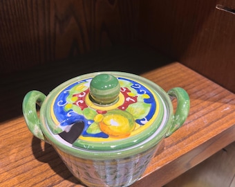 Tuscan ceramic ‘zucchero’ sugar jar handmade, hand painted with lemons, sunflowers designs