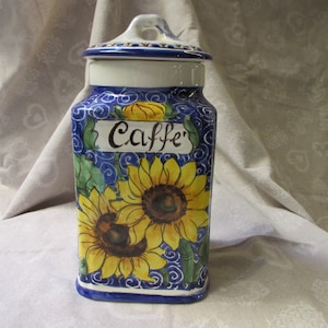 Frasco de café 'caffè' de cerâmica toscana feito à mão, pintado à mão com desenhos de girassóis