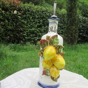 Tuscan olive oil dispenser with handle handmade, hand-painted with poppies,lemons,olives and grapes design