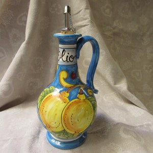 Tuscan oil or/& vinegar dispenser handmade, hand-painted with &#39;olio&#39; or ‘aceto’ lemons design