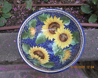 Tuscan ceramic bowl handmade, hand painted with  sunflowers designs