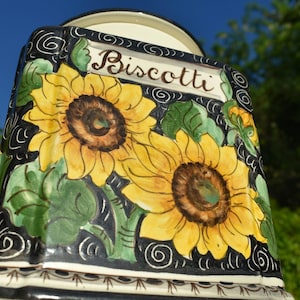 Tuscan large cookie jar handmade, hand painted in sunflower on black design