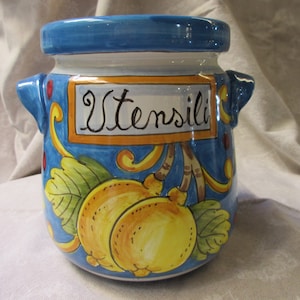 Tuscan ceramic utensil holder handmade, hand painted with lemons,grapes and sea star very traditional designs