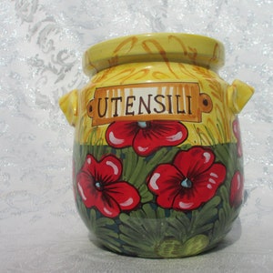 Tuscan ceramic utensil holder handmade, hand painted with traditional fruits and flowers on red