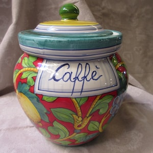 Café toscano de cerâmica / café ou 'zucchero / pote de açúcar feito à mão, pintado à mão com desenhos de limões