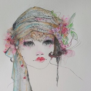 Matite ad acquerello, carta Winsor Newton, ritratto retrò, opere d'arte originali, arte creativa, uniche,
