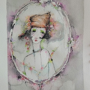 Acquerello, pittura, ritratto retrò, 26 x 36 cm, bella cornice, opera d'arte originale, serie limitata,