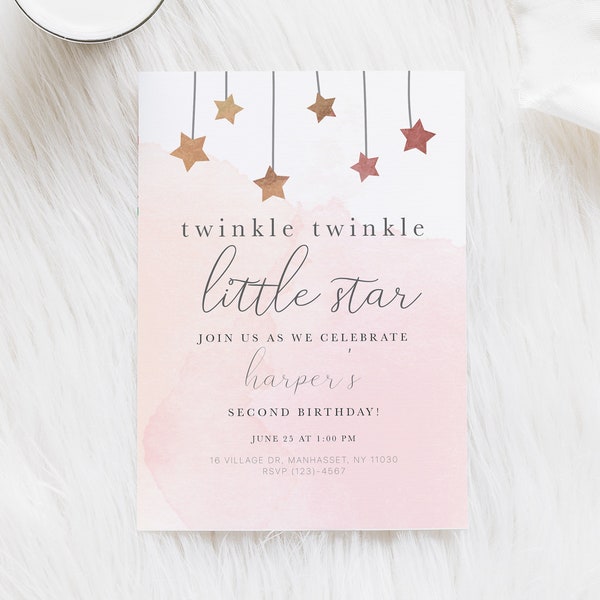 Twinkle Twinkle Little Star Birthday Invitation Editable Template | Invitation, Birthday Party, pink birthday, stars, sparkle, girl birthday