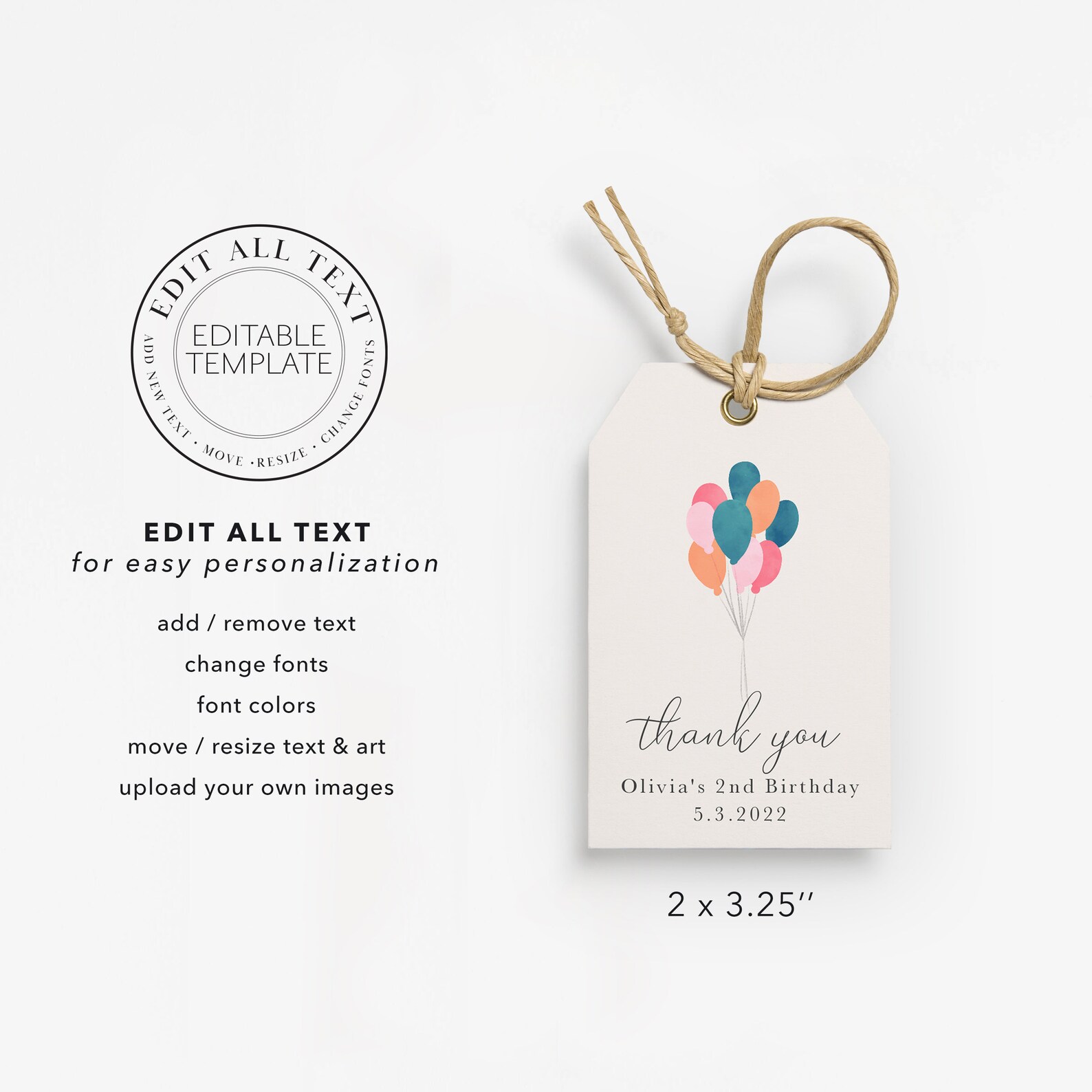 Balloon Gift Tag Editable Template Gift Tag, Hanging Tag, Party Favor ...