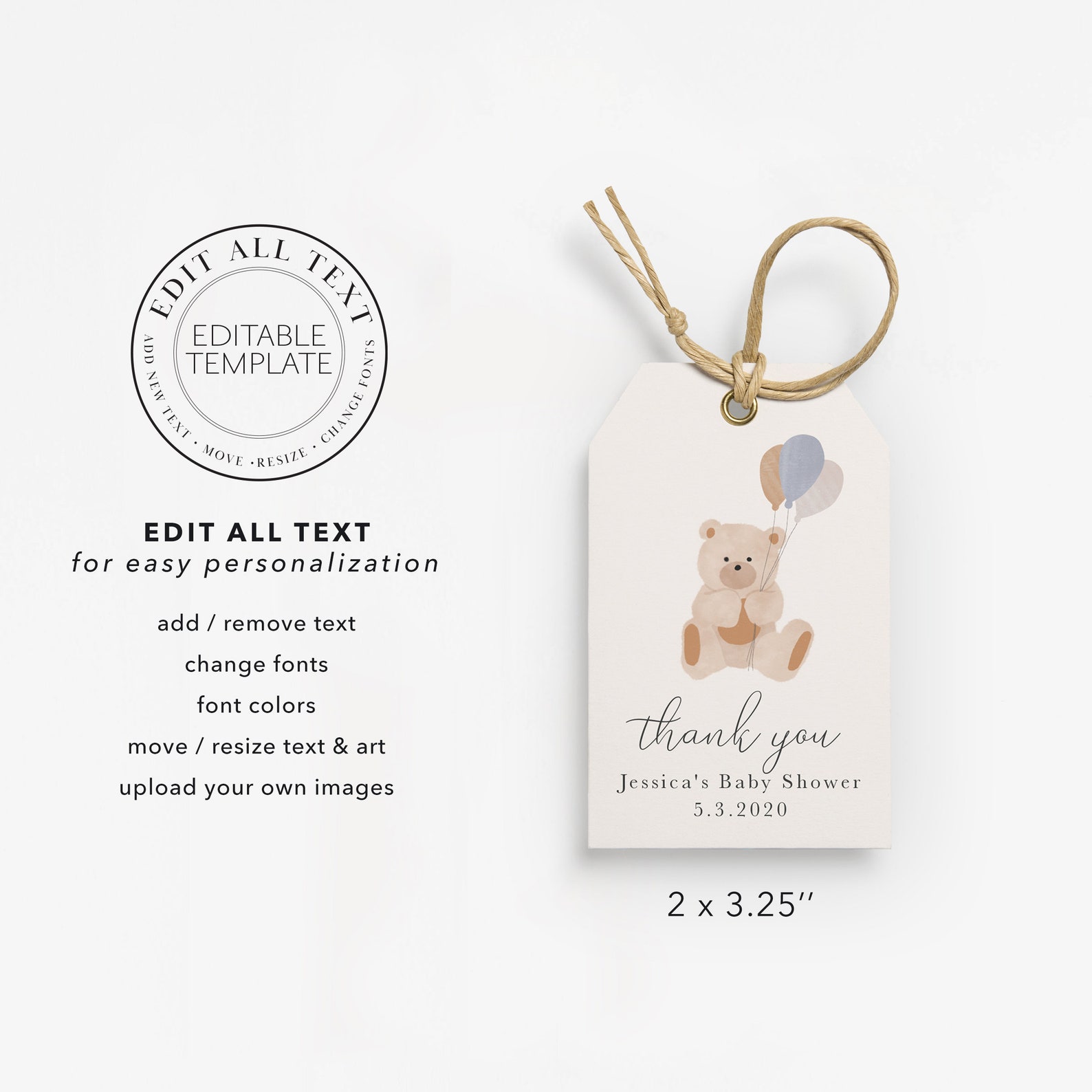 Teddy Bear Gift Tag Editable Template Baby Shower Gift Tag Etsy