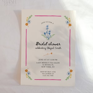 Uitnodiging grillige bloemen bruids douche bewerkbare sjabloon | handgetekende bloemenuitnodiging voor bruidsdouche, op maat gemaakte illustratie, tuinfeest