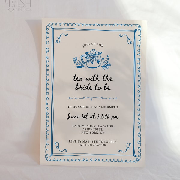 Invitation, Afternoon Tea Bridal Shower Editable Template | high tea, hand-drawn invitation, bridal shower tea party, tea time, french blue
