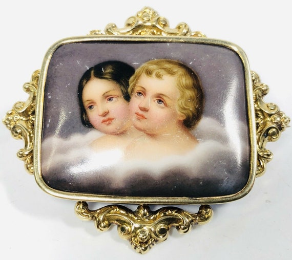 Antique 19th Century Swiss Enamel Children Portra… - image 1