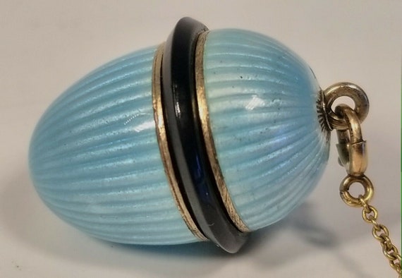 Vintage 1920's Silver and Light Blue Enamel Egg P… - image 3