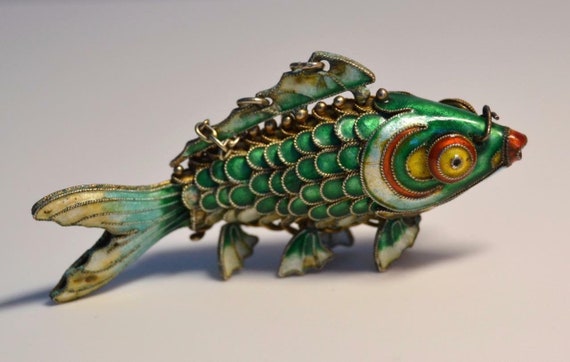 Antique 1920s Chinese Silver and Enamel Fish Penda