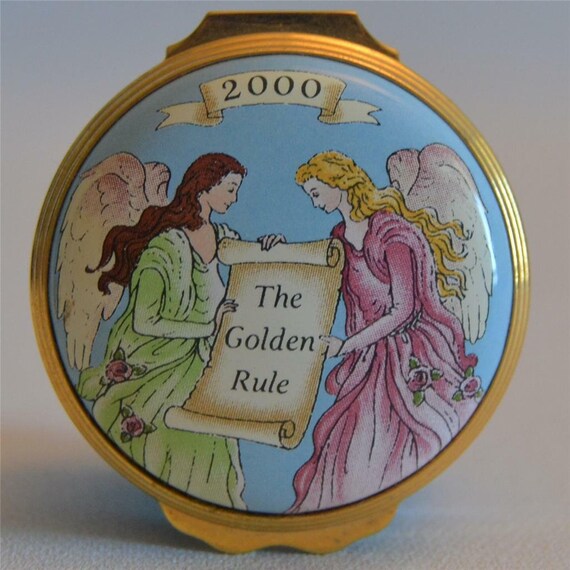 Halcyon Days Enamels Rare Year 2000 /"Golden Rule/" Trinket Box