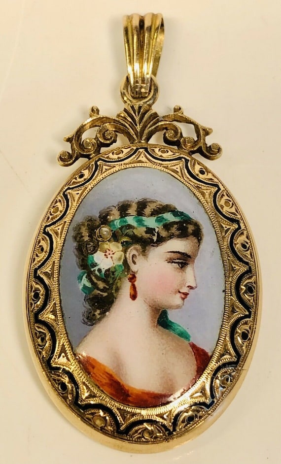 Antique 19th Century Swiss Enamel Portrait 14K Go… - image 2