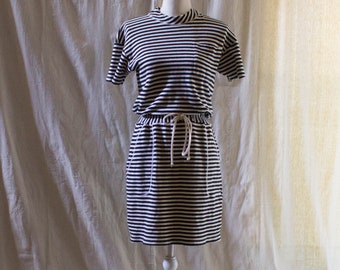 Vintage 1980s Black and White Striped Short Sleeve Knit Mini Dress