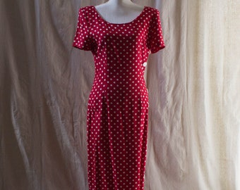 Vintage 1990er Rot Weiß Kurzarm Polka Dot Maxi Kleid