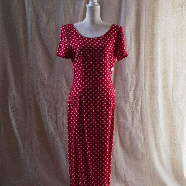 Vintage 1990s Red and White Short Sleeve Polka Dot Maxi Dress