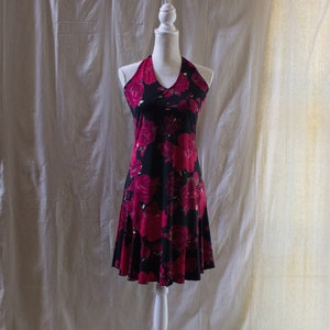 Vintage 1990s Black and Red Floral Halter Dress