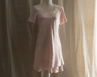 Vintage 1990s Pale Pink Satin Floral Jacquard Dress