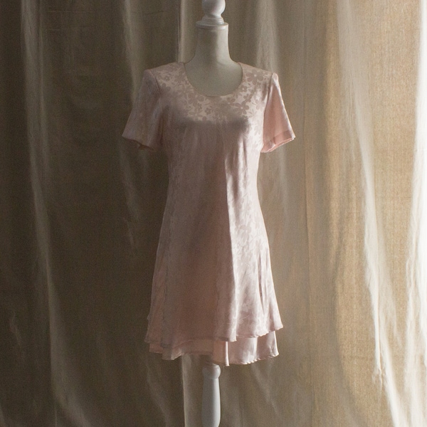 Vintage 1990s Pale Pink Satin Floral Jacquard Dress