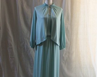 Vintage 1970s Aqua Silky Knit Maxi Dress with Jacket