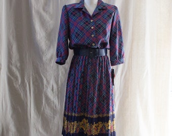 vintage années 1980 Blue Plaid Plated Skirt Ceintèdre Midi Chemise