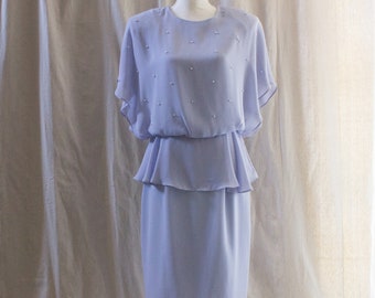 Vintage 1980s Periwinkle Peplum Dress with Pearls