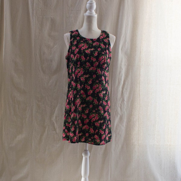 Vintage 1990s Black Mini Tank Dress with Pink Floral Print