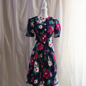 Vintage 1980s Navy Blue Floral Puff Sleeve Top and Midi Skirt Set