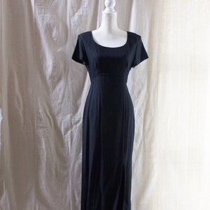 Vintage 1990er Schwarzes Kurzarm Maxi Kleid mit Schleifen und Cutouts