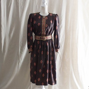 Vintage 1980s Black Belted Printed Midi Dress