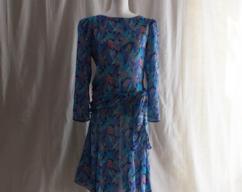 Vestido midi de manga larga con estampado floral y hojas transparente vintage de los años 80