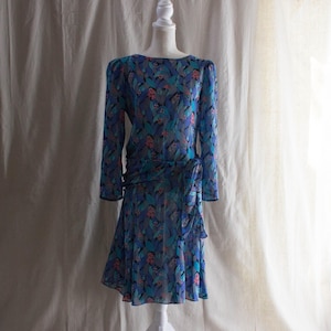 Vintage 1980s Sheer Floral and Leaf Print Long Sleeve Midi Dress