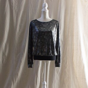 Vintage 1980s Black and Metallic Silver Floral Print Pullover Blouse