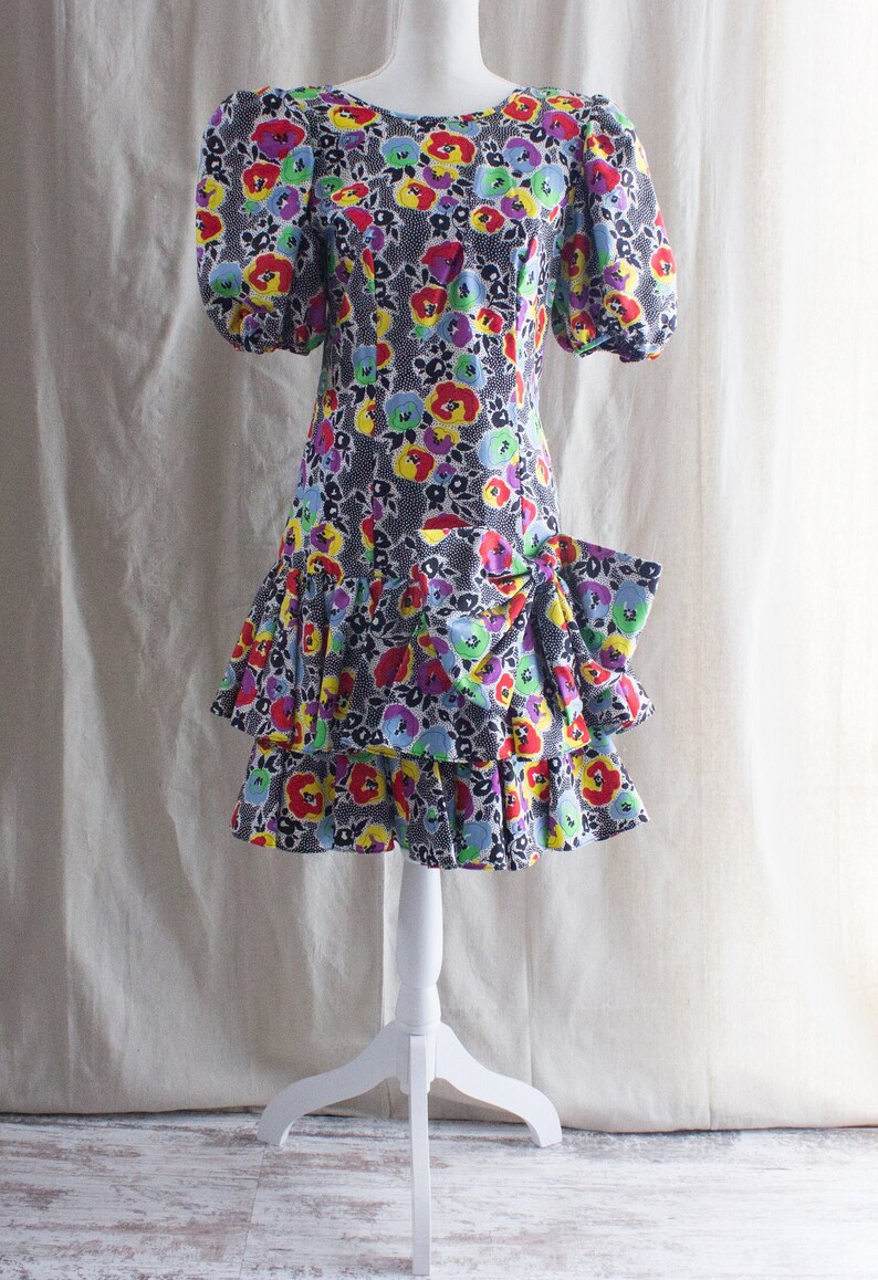 Vintage 1990s Puff Sleeve Ruffled Dress
