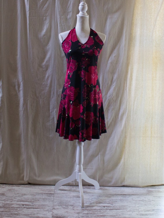 Vintage 1990s Black and Red Floral Halter Dress