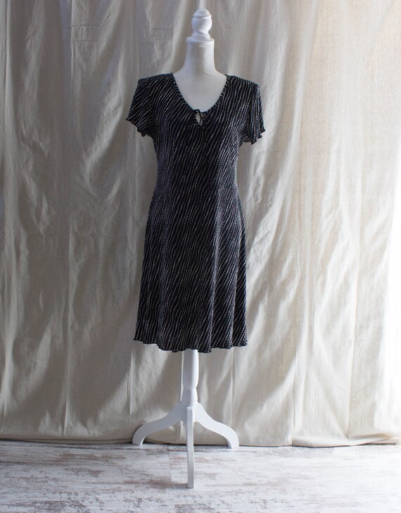 Vintage 1990s Black and White Pleated Polka Dot D… - image 1