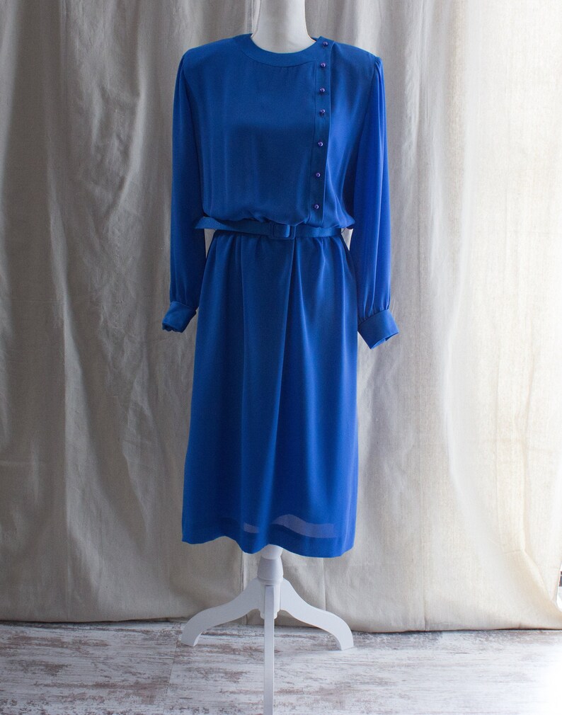 Vintage 1980s Blue Belted Midi Dress