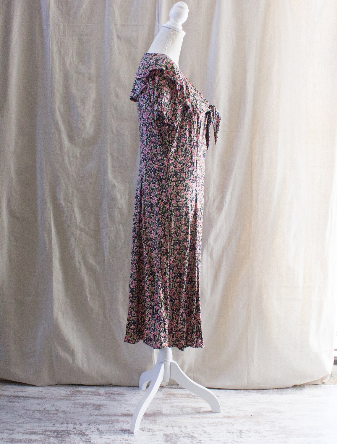 Vintage 1990s Ruffle Collar Ditsy Floral Print Midi Dress | Etsy