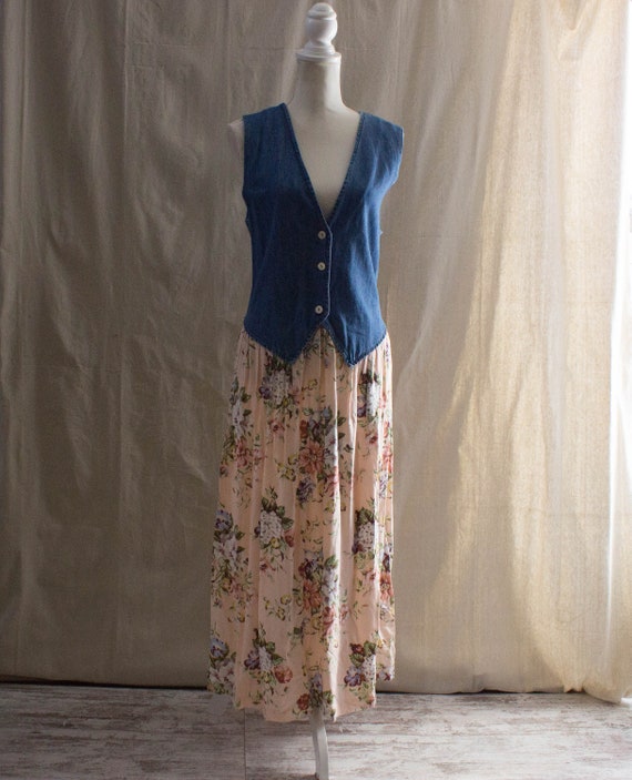 Vintage 1990s Denim and Floral Maxi Tank Dress