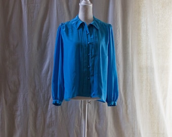 Vintage 1980s Blue Pleated Front Silky Blouse