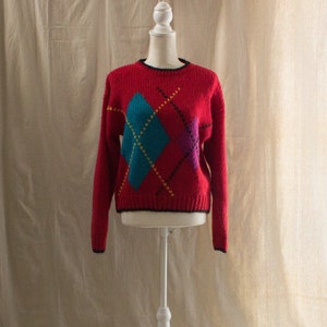 Vintage 1990s Hand Knit Red Argyle Sweater