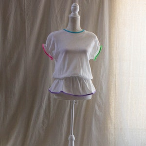 Vintage 1980s White Mesh Peplum Top with Neon Contrast