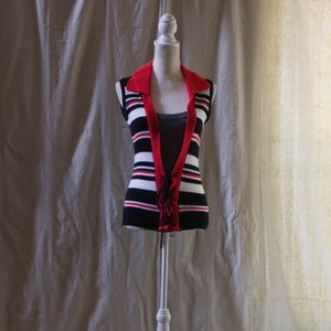 Vintage 1970s Red, Black, and White Striped Sleeveless Sweater