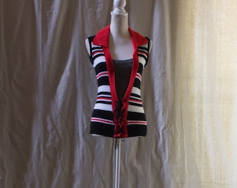 Vintage 1970s Red, Black, and White Striped Sleeveless Sweater