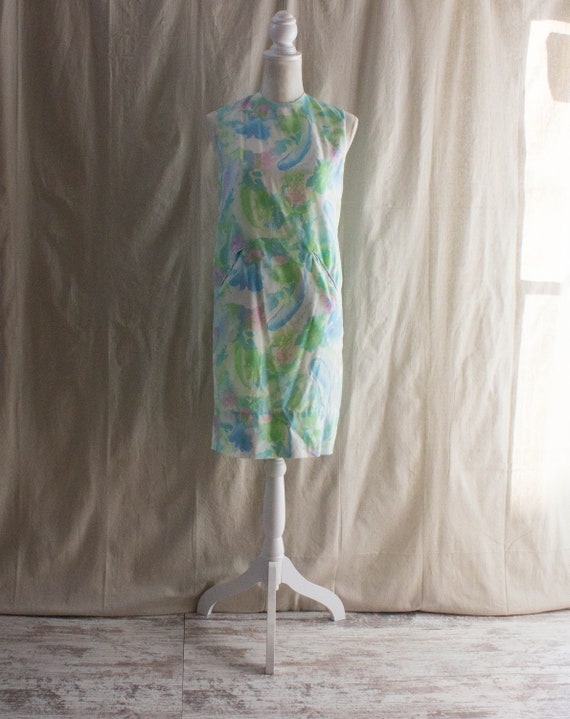 Vintage 1960s Pastel Watercolor Print Sheath Dress